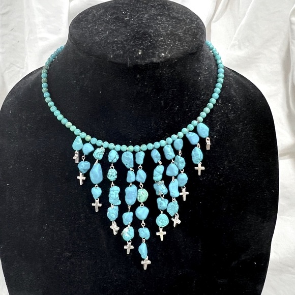 Turquoise Choker Necklace With Sterling Silver Crosses and Clasp Adjustable. - Picture 3 of 9